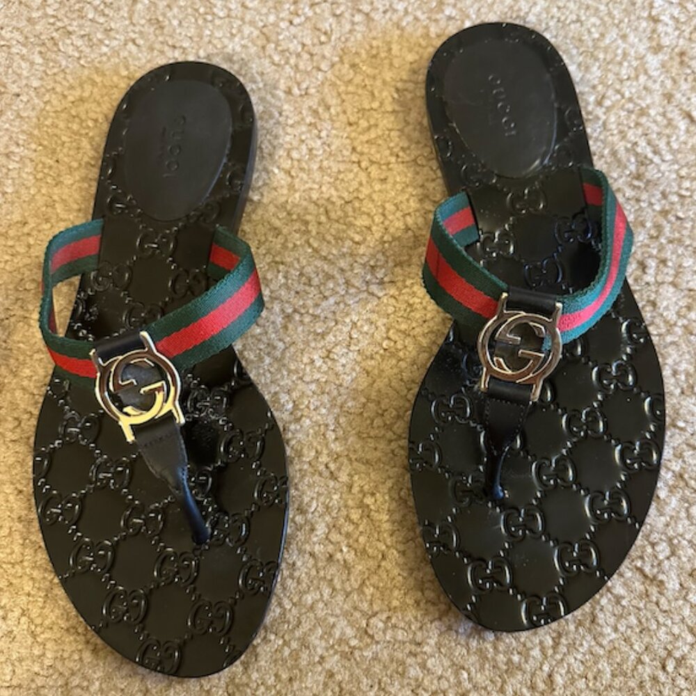Gucci GG Web Stripe Thong Sandals Black Monogram Flat Flip Flops